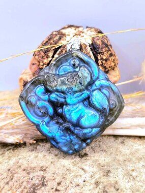 Natural Labradorite Baby Fox Cherry Blossom Pendant Necklace